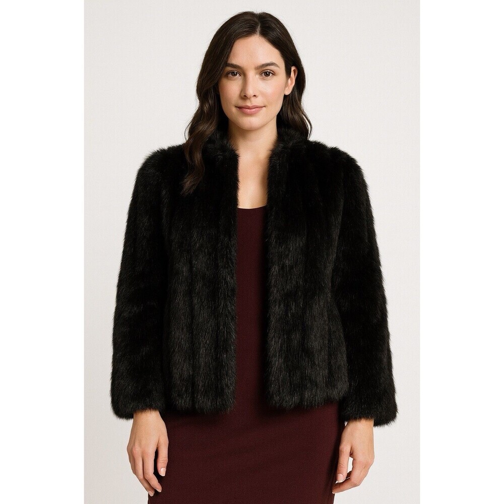 Rondo Casual Women’s Faux‎ Fur Coat Black Open Front Vintage Size M Elegant Glam